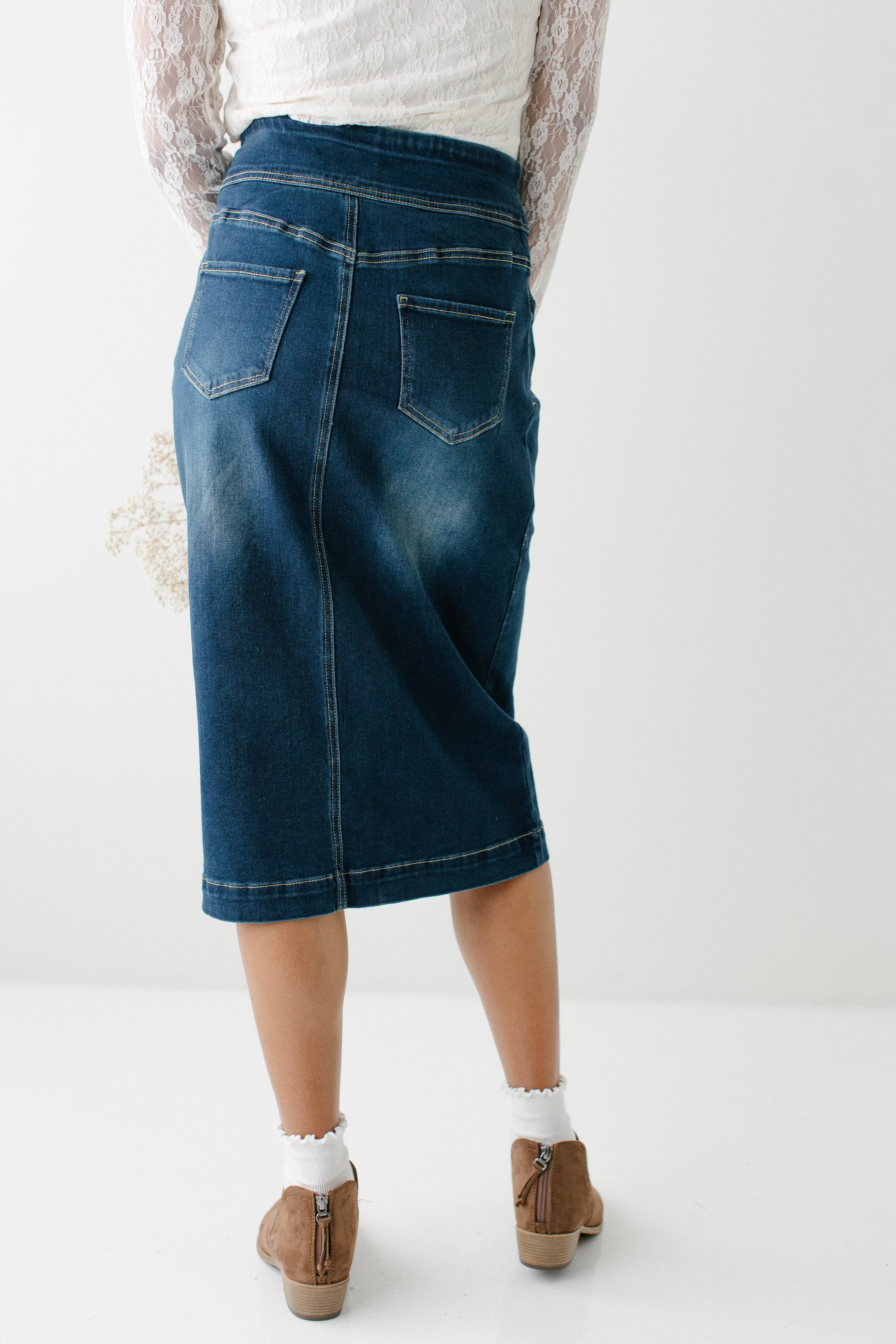 'Sara' Classic Knee Length Dark Denim Skirt for wholesale on Faire17