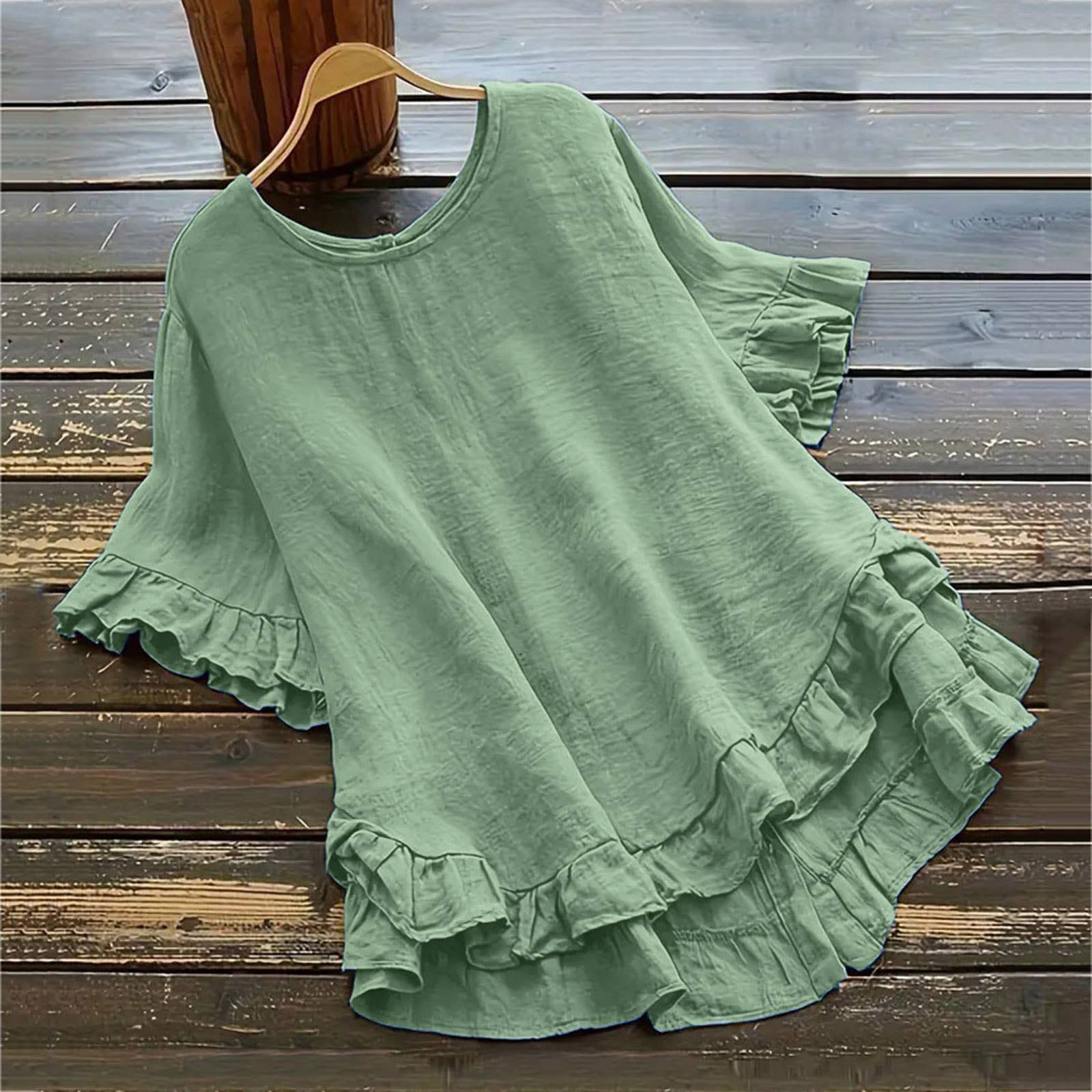 Whisper Mint - Wholesale Blouse - Women's - ruffles short sleeve linen blouses tops3