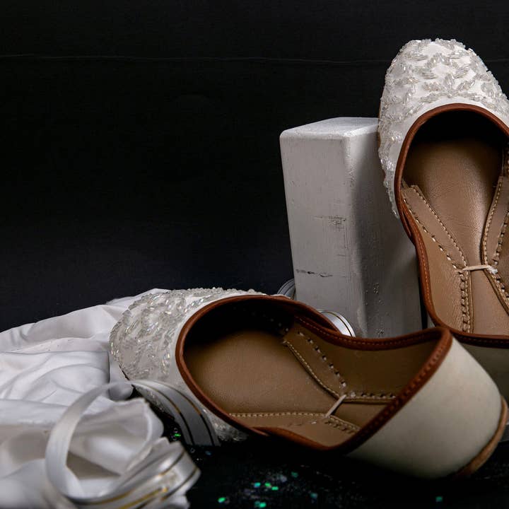 Linear Imagery White Satin Base Beads Embellished Ballet Flats Wedding Flat Shoes for wholesale on Faire