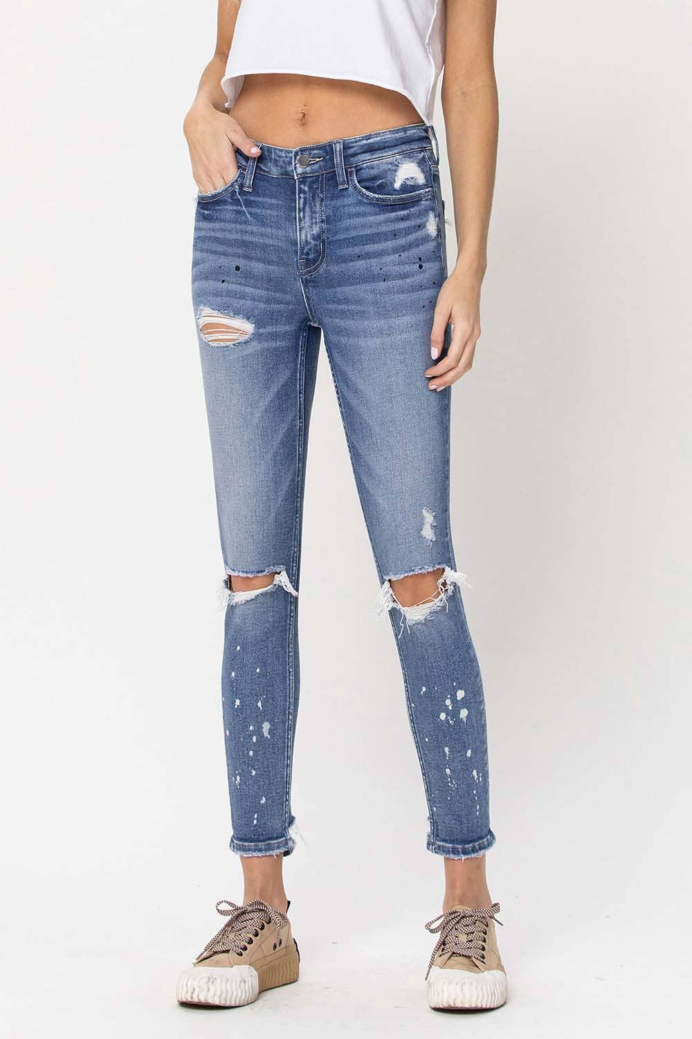 SEA SALT MID RISE DISTRESSED PAINT SPLATTER SKINNY JEANS F4159 for wholesale on Faire6
