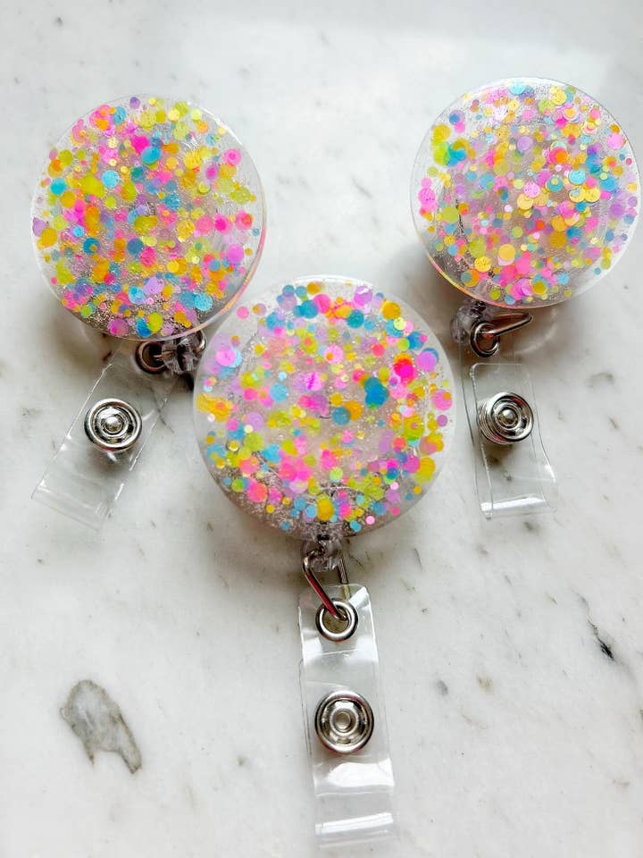 Glitter Badge Reel: Colorful Confetti for wholesale by Lanyard Lovebirds