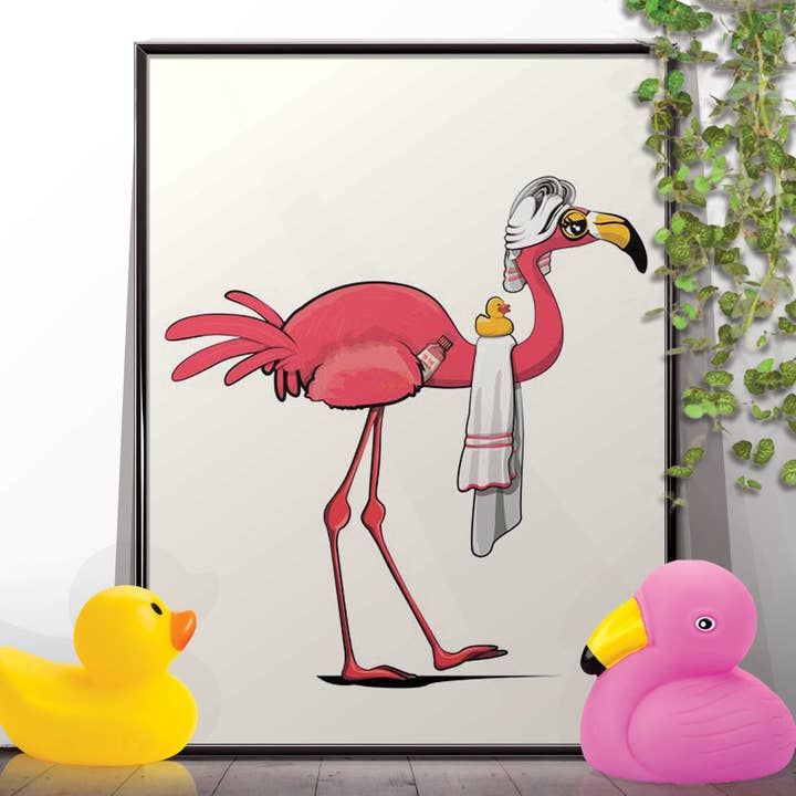 Affiche de salle de bain Flamingo, animal, nature, art de salle de bain pour la vente par In The Washroom