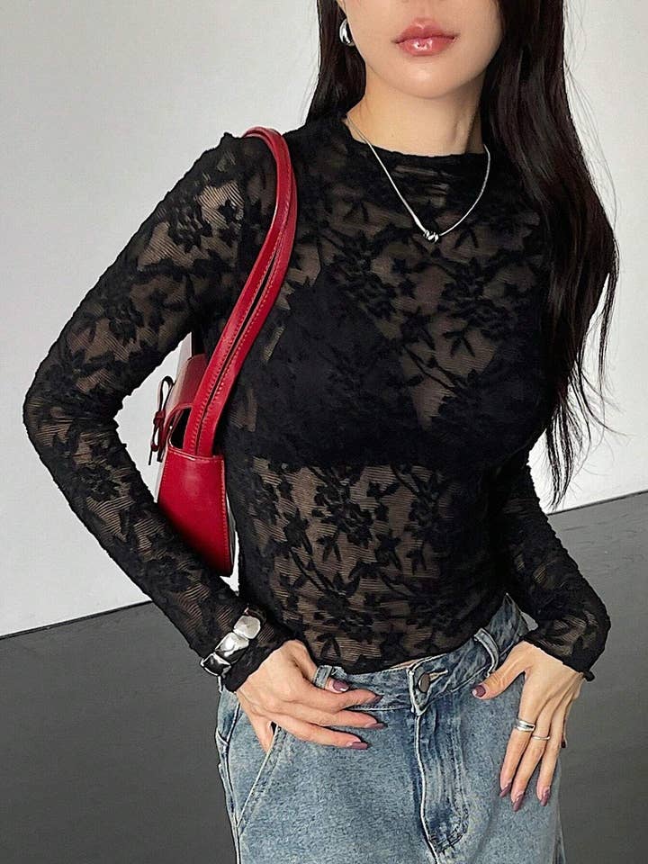 Sexy Black Sheer Lace Skinny Long-Sleeved Top for wholesale on Faire1