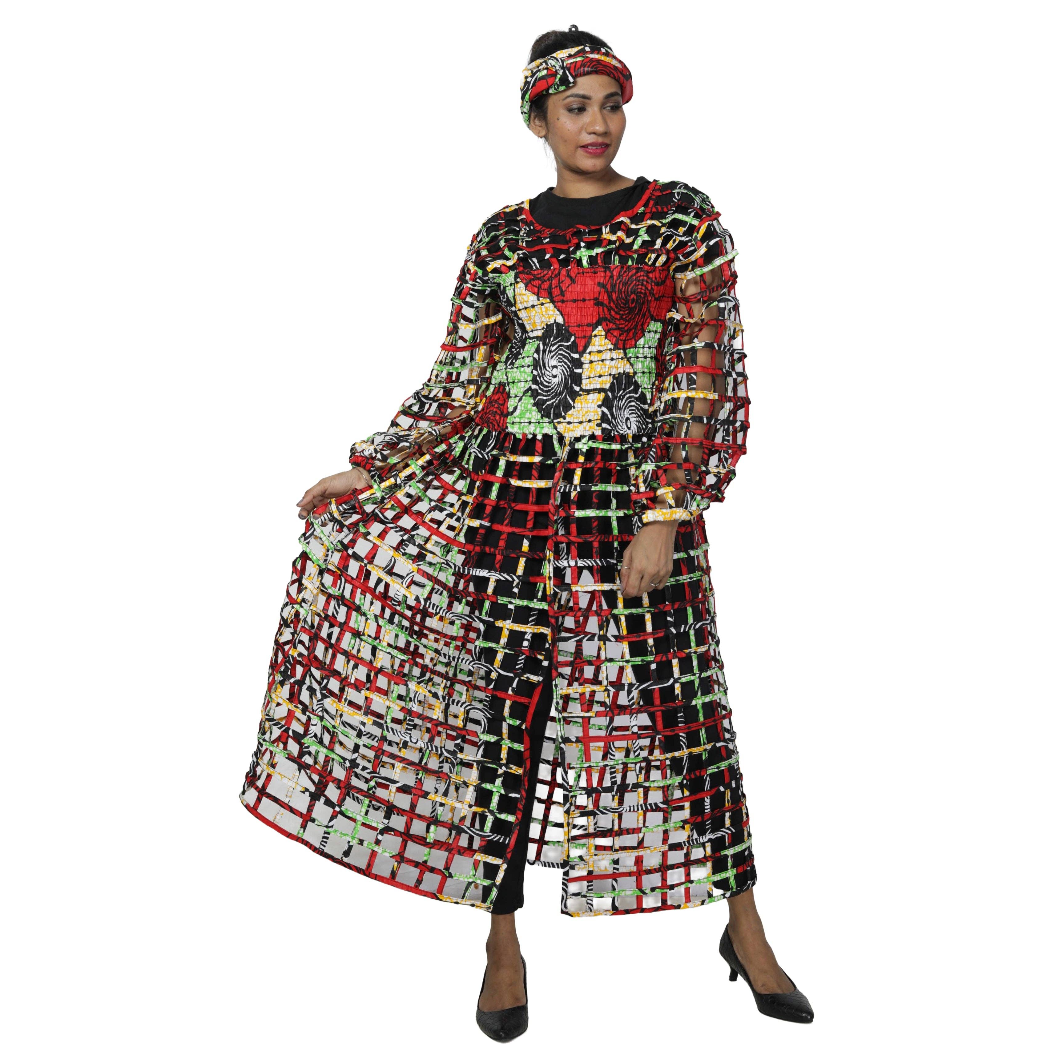 African Stars - Wholesale Dress - Women's - Women's Long Sleeve Smocked Bodice Cage Dress -- FI-ST12213