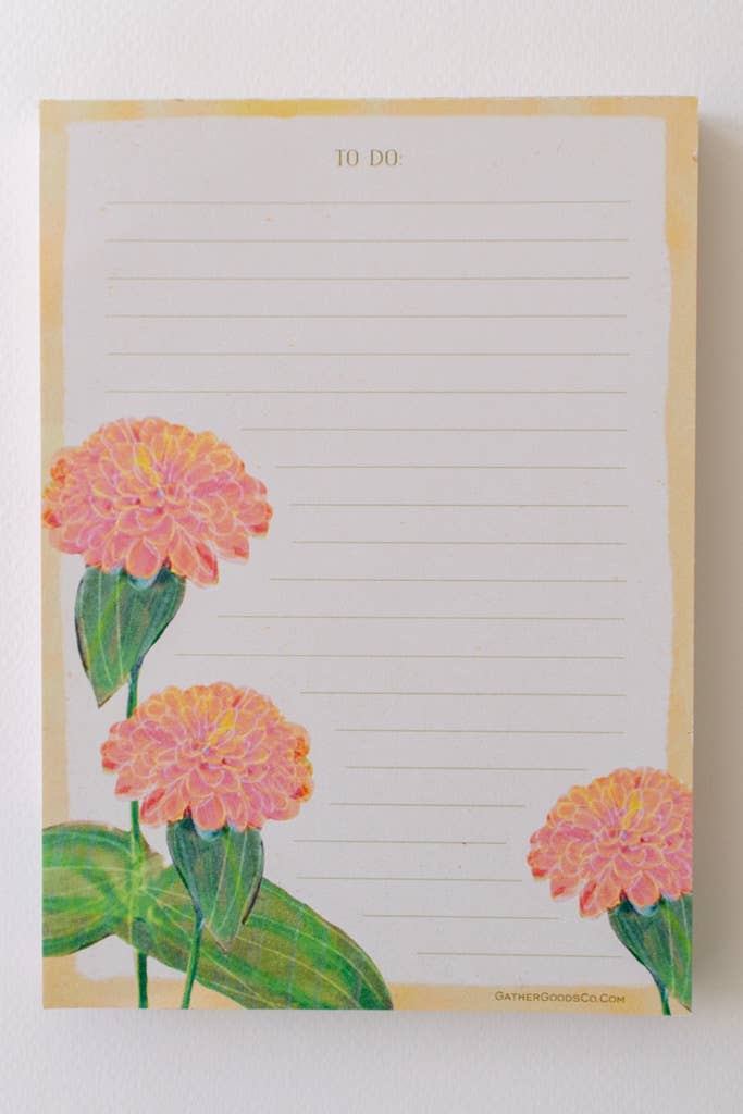 Gather Goods Co - Cards, Coasters, Tea Towels, Art, Mugs - Wholesale Notepad - Flowers Notepad, To-Do List, Orange Zinnias4