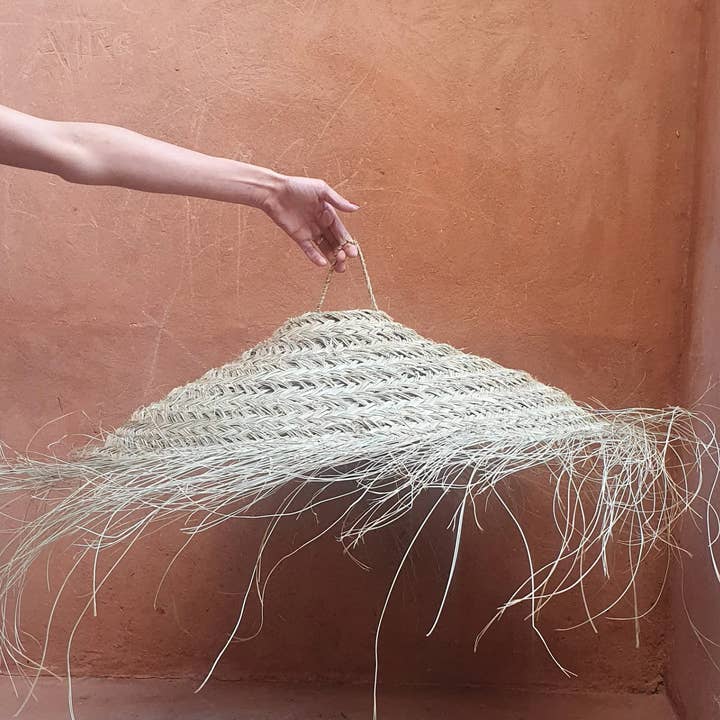 Suspension shape straw umbrella doum natural braided fibres for wholesale by ProHandmadeDesign