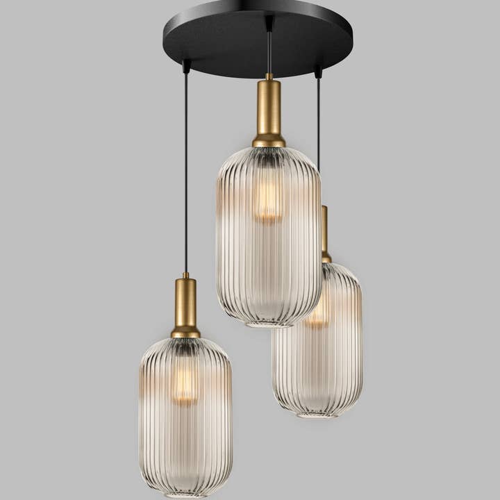 Eclipse Lighting - Wholesale Chandelier/Hanging Light - XL Amber Ribbed Glass Multi Pendant Light for Stairs, Mid-Century Modern Custom made Chandelier Light for Architects and Interior Designers8