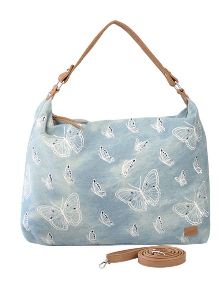 “Jeans Butterfly” shoulder bag in blue for wholesale by Bernardo Bossi
