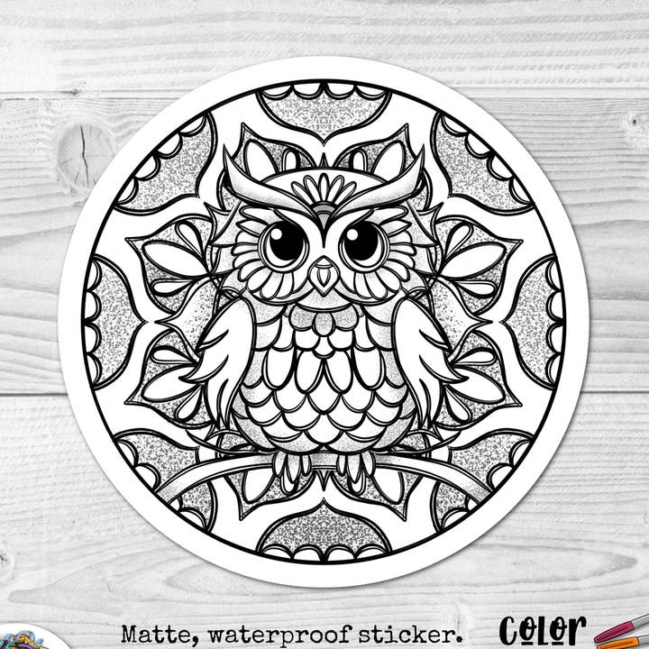 Owl Mandala: Color Your Own Stickers for wholesale by For Art Sake Stickers