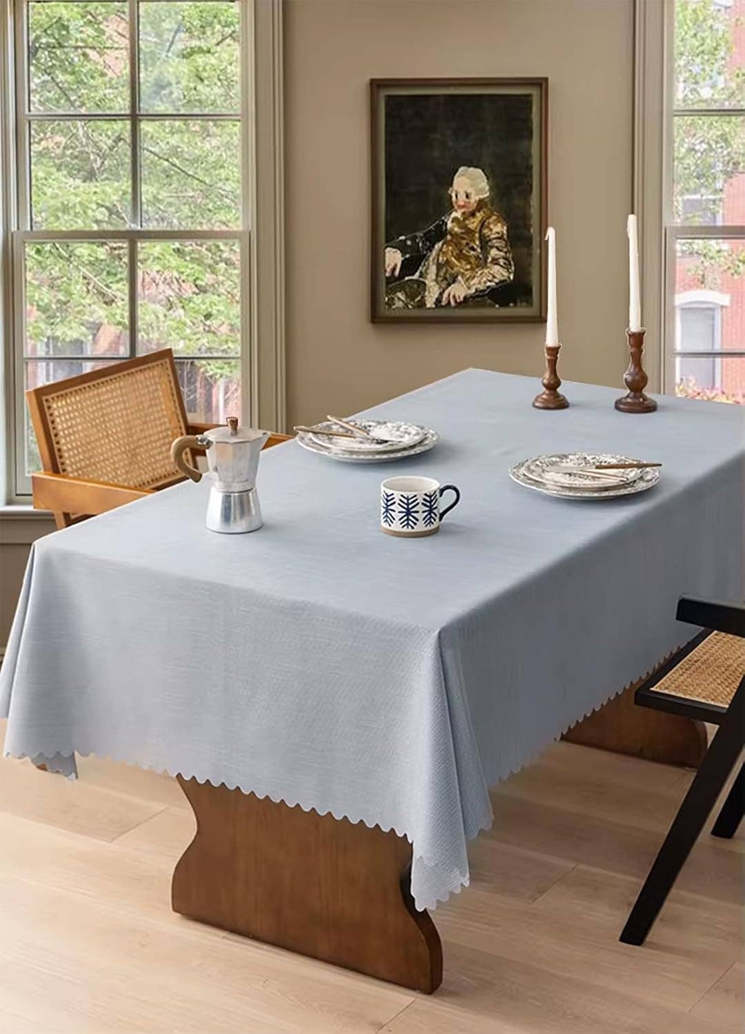Fennco Styles - Wholesale Tablecloth - Blue Scalloped Edge Vertical Textured Striped Tablecloth2