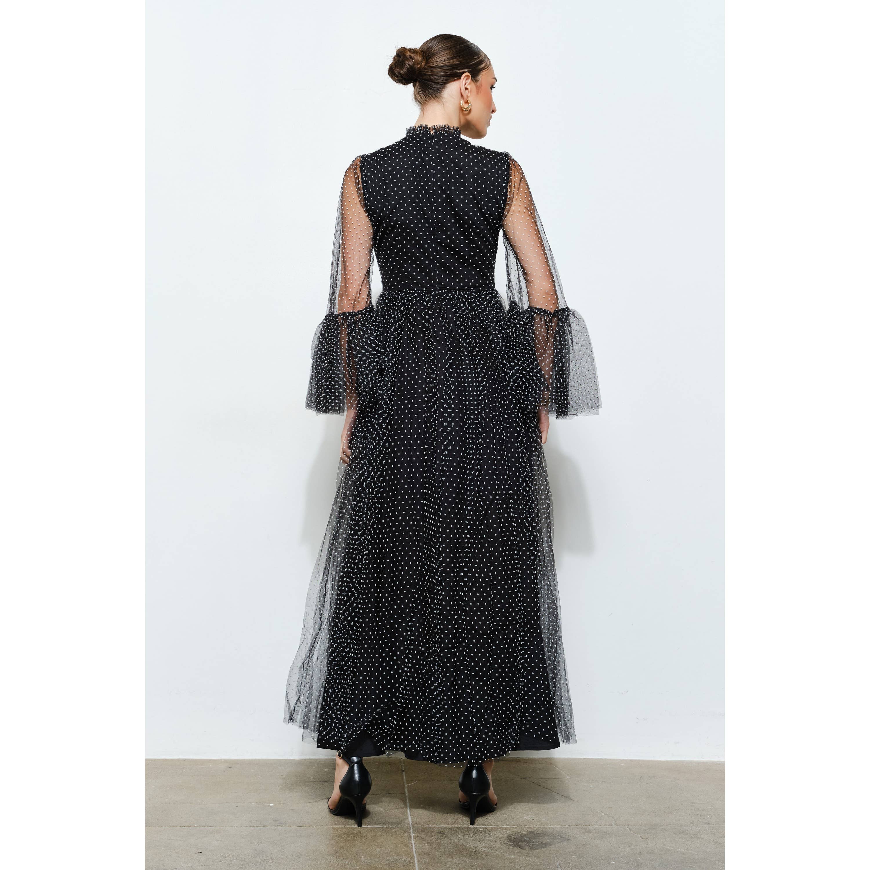 BLACK Polka Dot Mesh Layered Sleeve Maxi Dress for wholesale on Faire6