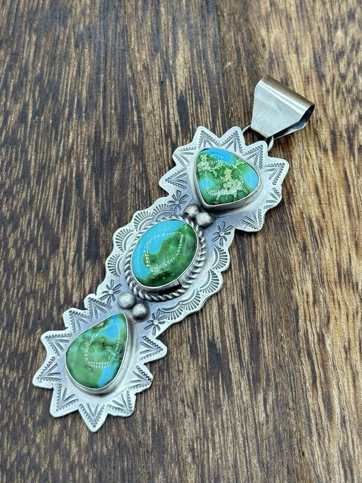 Navajo Handmade Sterling Silver Sonoran Gold Turquoise Stamped Drop Pendant for wholesale by Native City Jewelry