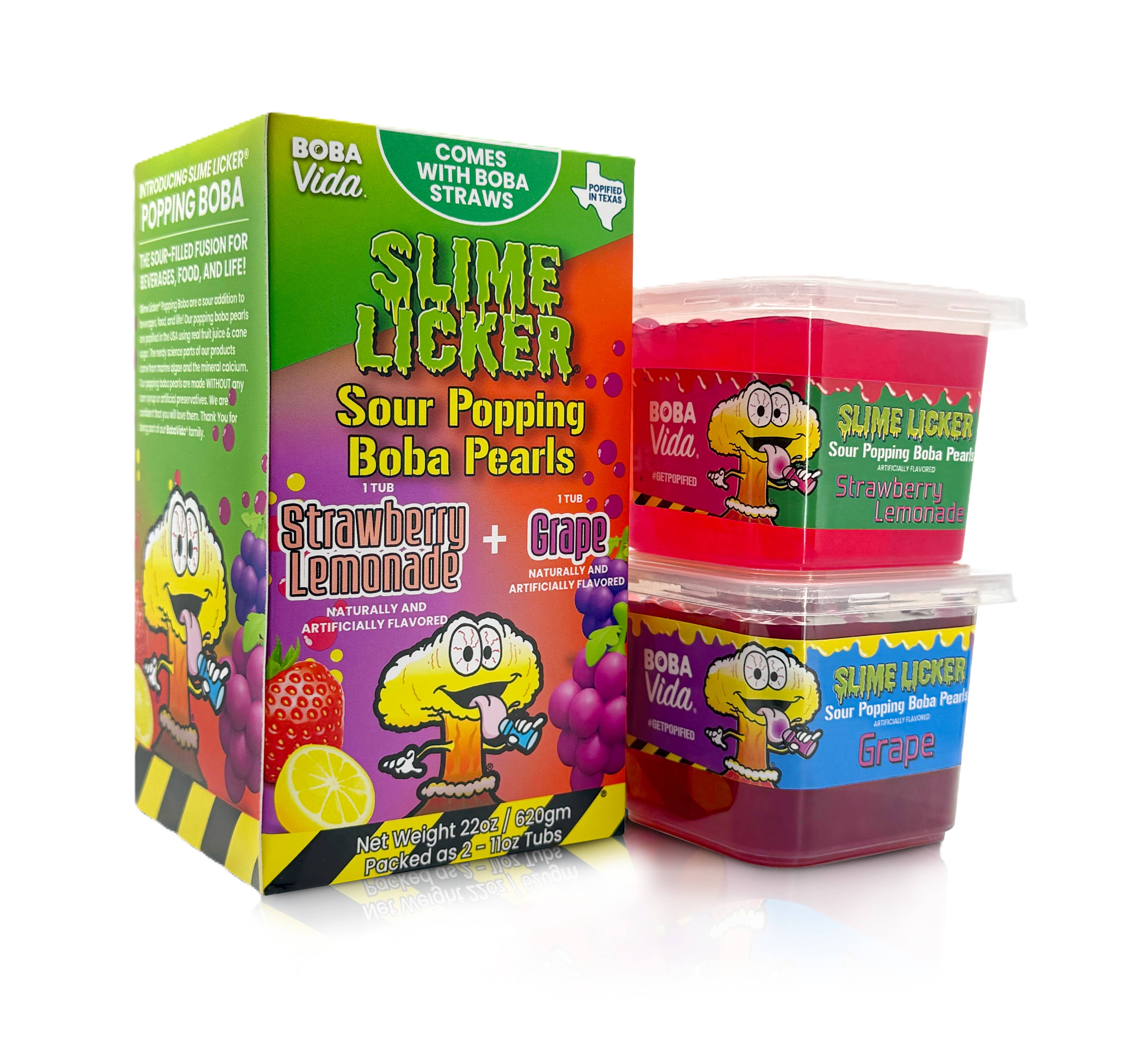 Grandpa Joe's Candy Shop - Wholesale Snack Bar - Slime Licker Sour Boba Pearls 2/11oz Tubs 6ct StrawLem/Grape0
