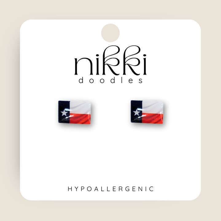 Orecchini a bottone originali con bandiera del Texas per la vendita all'ingrosso da parte di Nikki Doodles