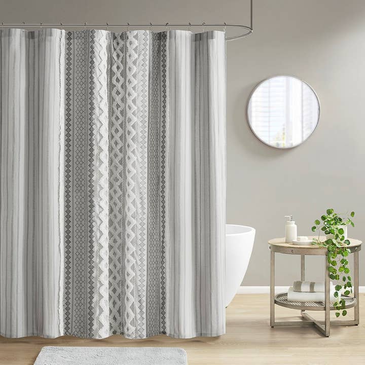 Aztec Chenille Tufted Shower Curtain, Grey for wholesale by Olliix