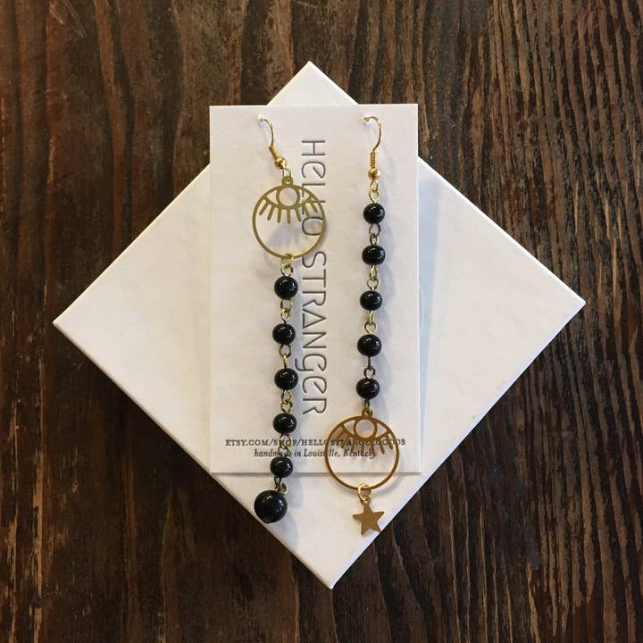 Asymmetrical Starry Eyes Boho Dangle Earrings Handmade USA for wholesale by Hello Stranger