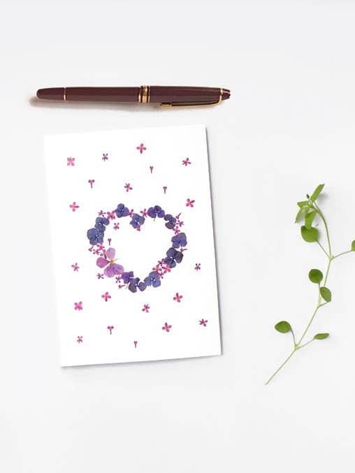 DOUBLE HEART LOVE FLOWER HERBARIUM GREETING CARD for wholesale by Thévy Guex