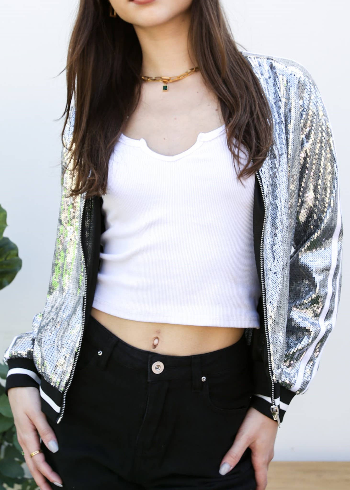 Anna Kaci Wholesale - Wholesale Varsity/Baseball Jacket - Women's - Striped Metallic Sequin Varsity Jacket82