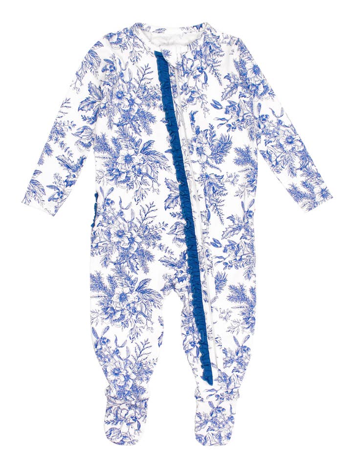 White Baby Girls Winter Bliss Toile Modal Footed Ruffle One Piece Pajama for wholesale on Faire