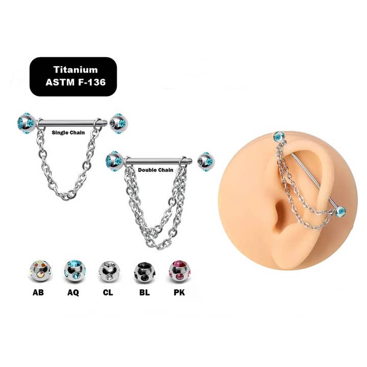 Titanium-Industria Barbell with Chain&Multiple Crystal Ball for wholesale by Bodytrend