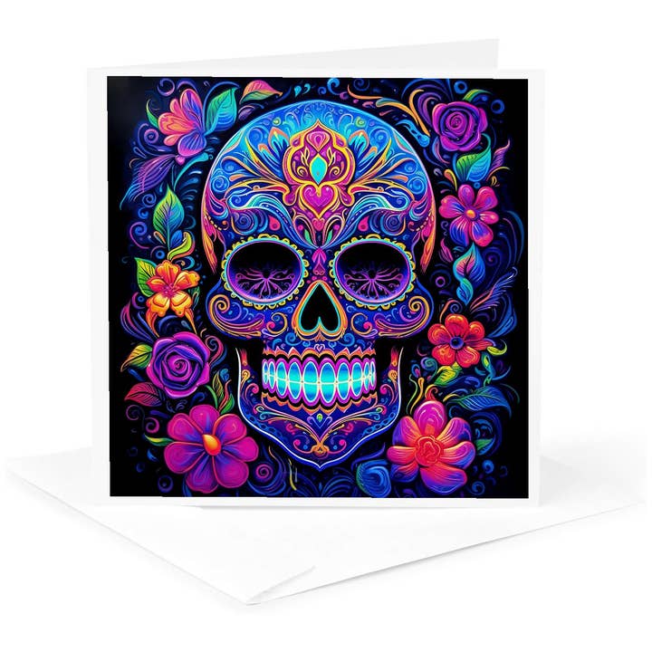 3dRose - Wholesale Everyday greeting card - 3dRose, A vibrant, neon-colored sugar skull with flowers in blacklight style., Greeting Card