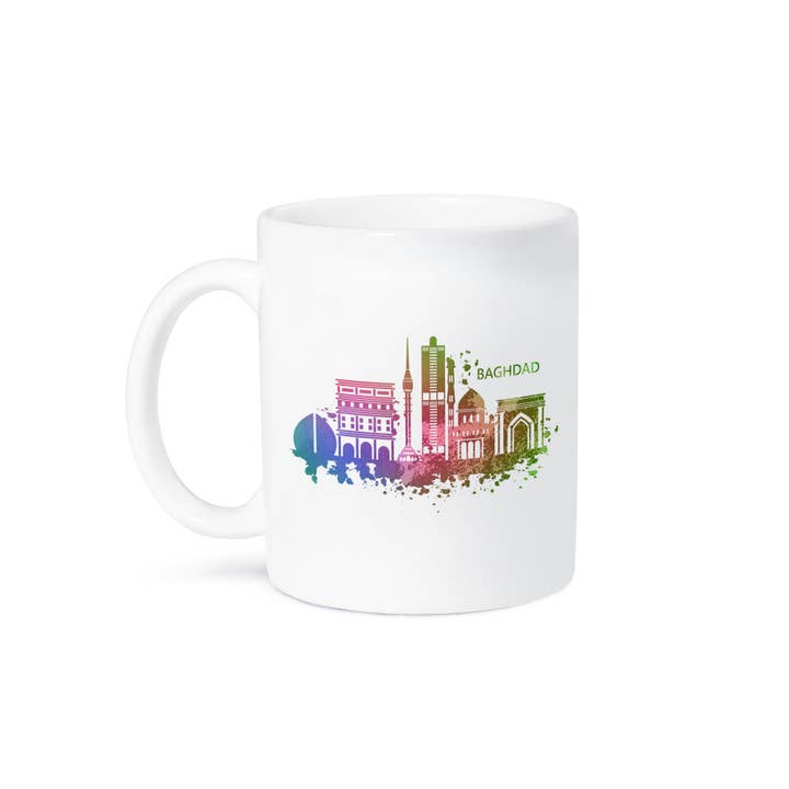 3dRose - Wholesale Coffee Mug - 3dRose, Colorful Watercolor Art with Skyline of Baghdad Iraq, Mug8