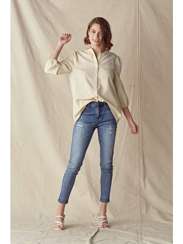 Doe and Rae - Venta al por mayor Camisa con botones - Mujer - Camisa de poeta a rayas - 14037T