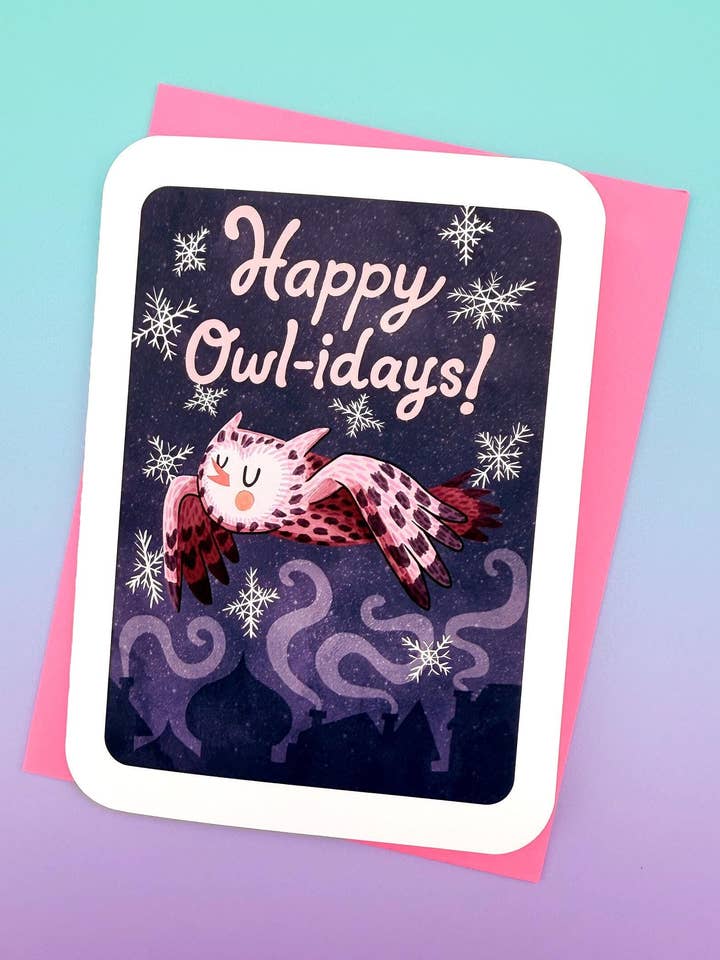 Happy Owlidays Illustrated Flying Owl Holiday Card for wholesale by My Zoetrope
