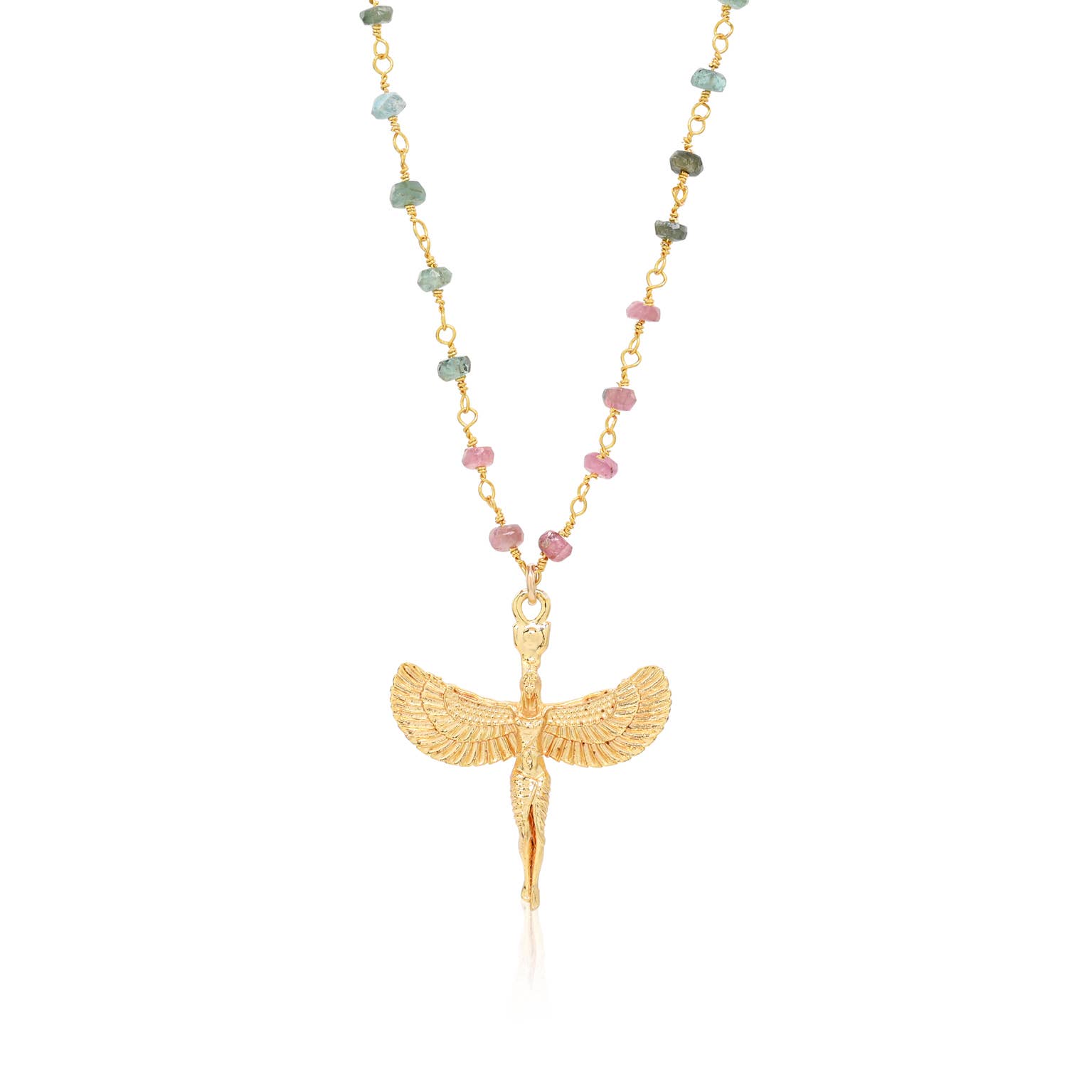 Dreamers of Dreams – wholesale Pendant/charm necklace – Winged Egyptian Goddess Isis: Tourmaline + Turquoise0