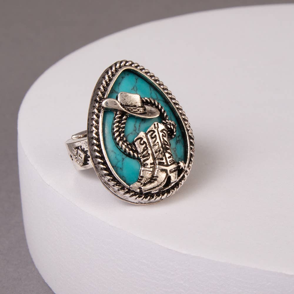 SP Sophia Collection - Wholesale Cocktail/Statement Ring - Western Hat & Boot Turquoise Teardrop Stretch Ring0