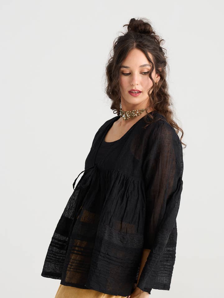 Elodie Short Linen Gauze & Lace Jacket | Liquorice Elodie Short Linen Gauze & Lace Jacket | Liquorice