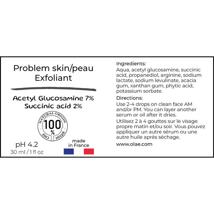 Olae Made in France - Wholesale Facial Exfoliant/Scrub - Gentle exfoliant N Acetyl Glucosamine 7% and Succinic acid3