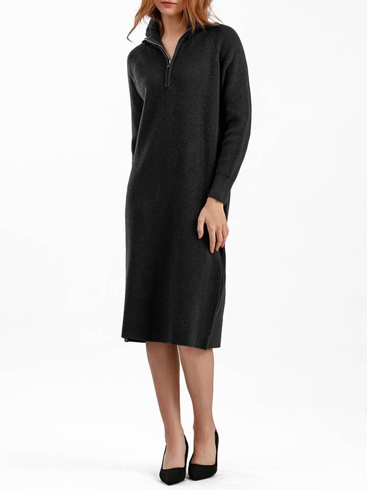 HIDDENBRAND - Wholesale Dress - Women's - quarter zip polo rib knit sweater midi dress0