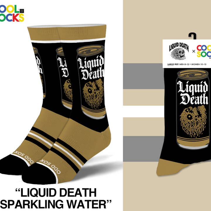 Cool Socks - Wholesale Socks - Unisex - Liquid Death Sparkling Water - Mens Crew Folded0