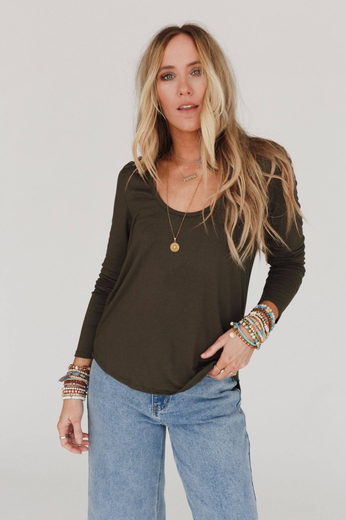 Three Bird Nest - Wholesale Knit Top - Women's - Ryder Long Sleeve Bralette Tee - Olive4