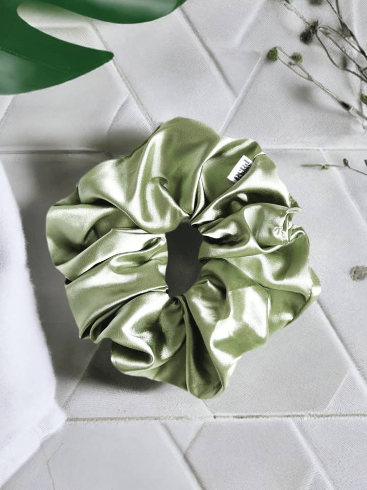 Super Fluff Silk Satin Scrunchie in Sage for wholesale by Petal & Posy
