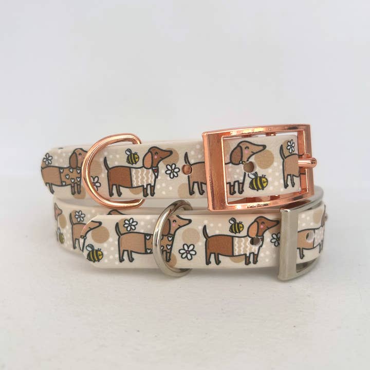 Puppies & Pom Poms - Wholesale Pet Collar - Dog - Bee Happy Dachshunds Beige Handmade Dog Collar