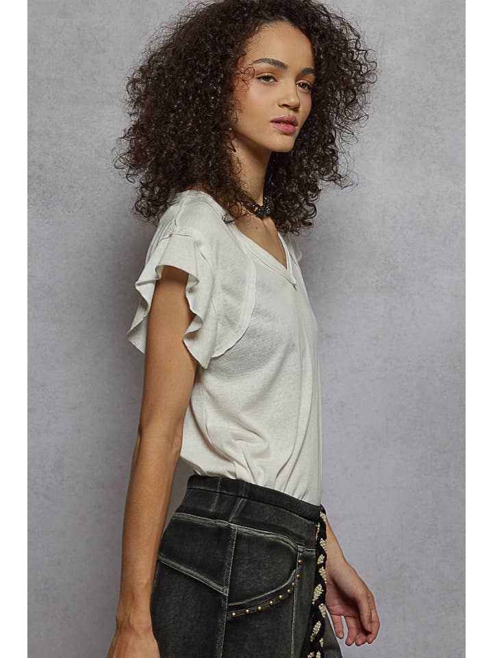 Pol Clothing - Wholesale T-Shirt - Women's - V-neck ruffle short sleeve solid basic cotton top33