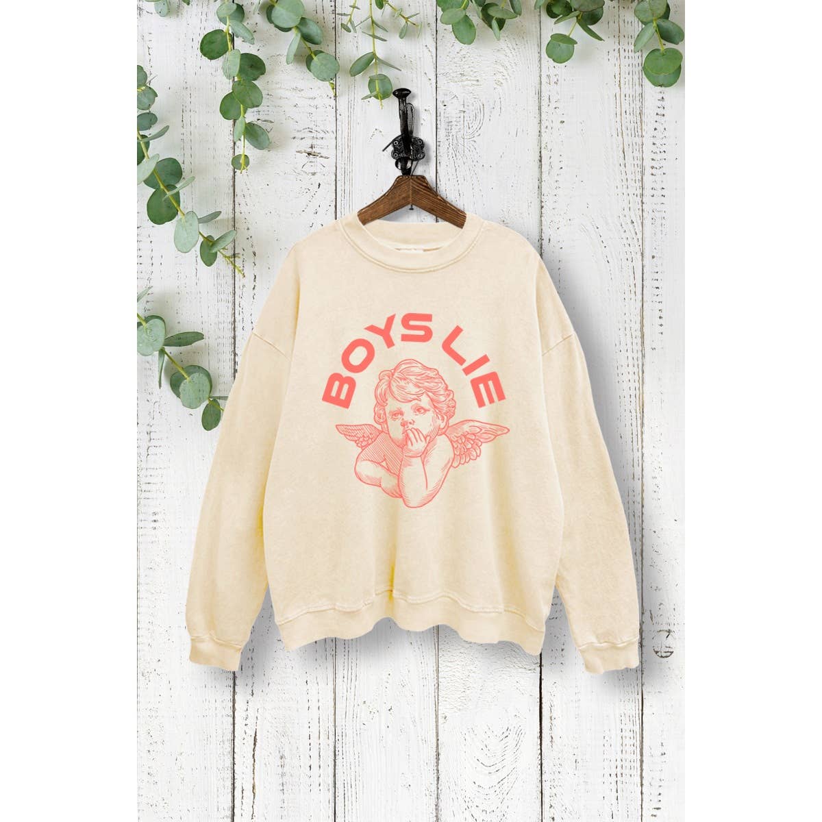 VINTAGE POINT USA - Wholesale Graphic Sweatshirt - Women's - BOYS LIE BABY ANGEL GRAPHIC PRINT MINERAL WASHED SWEATSHIRT0