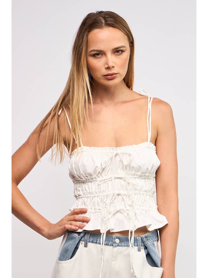 Sky to Moon - Wholesale Blouse - Women's - SOLID RUFFLE TRIM RUCHED TIERED TIES CROP TOP