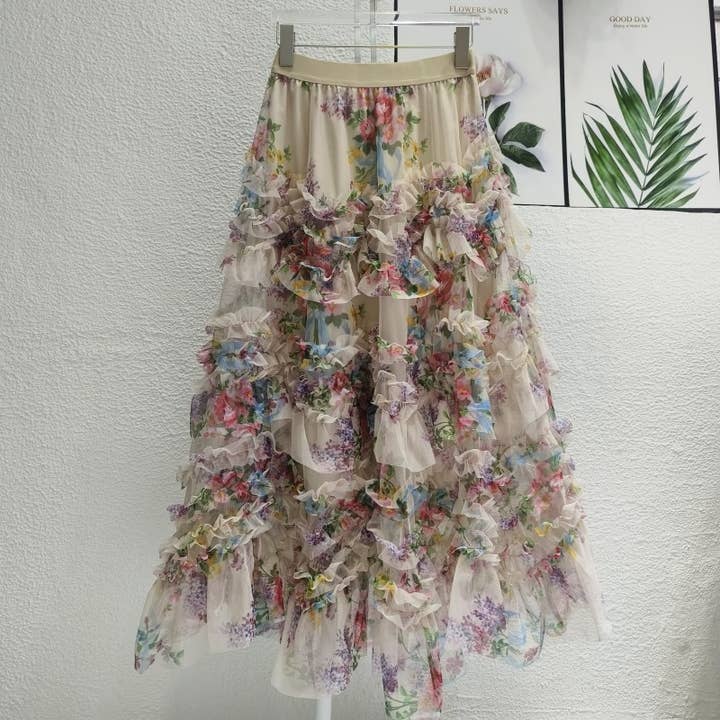 Productseeker - Wholesale Skirt - Women's - SK032 Colorful Floral Mesh Skirt with Irregular Stitching