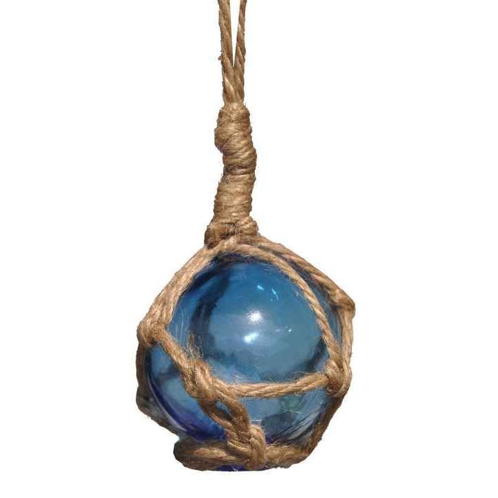 Hampton Nautical - Wholesale Decorative Tabletop Object - Light Blue Japanese Glass Ball Fishing Float With Brown Nett