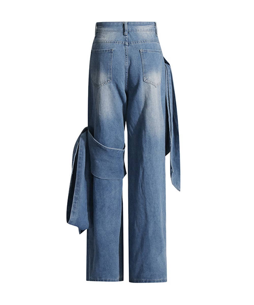 Blue Patchwork Bow Detail Wide Leg Jeans for wholesale on Faire4