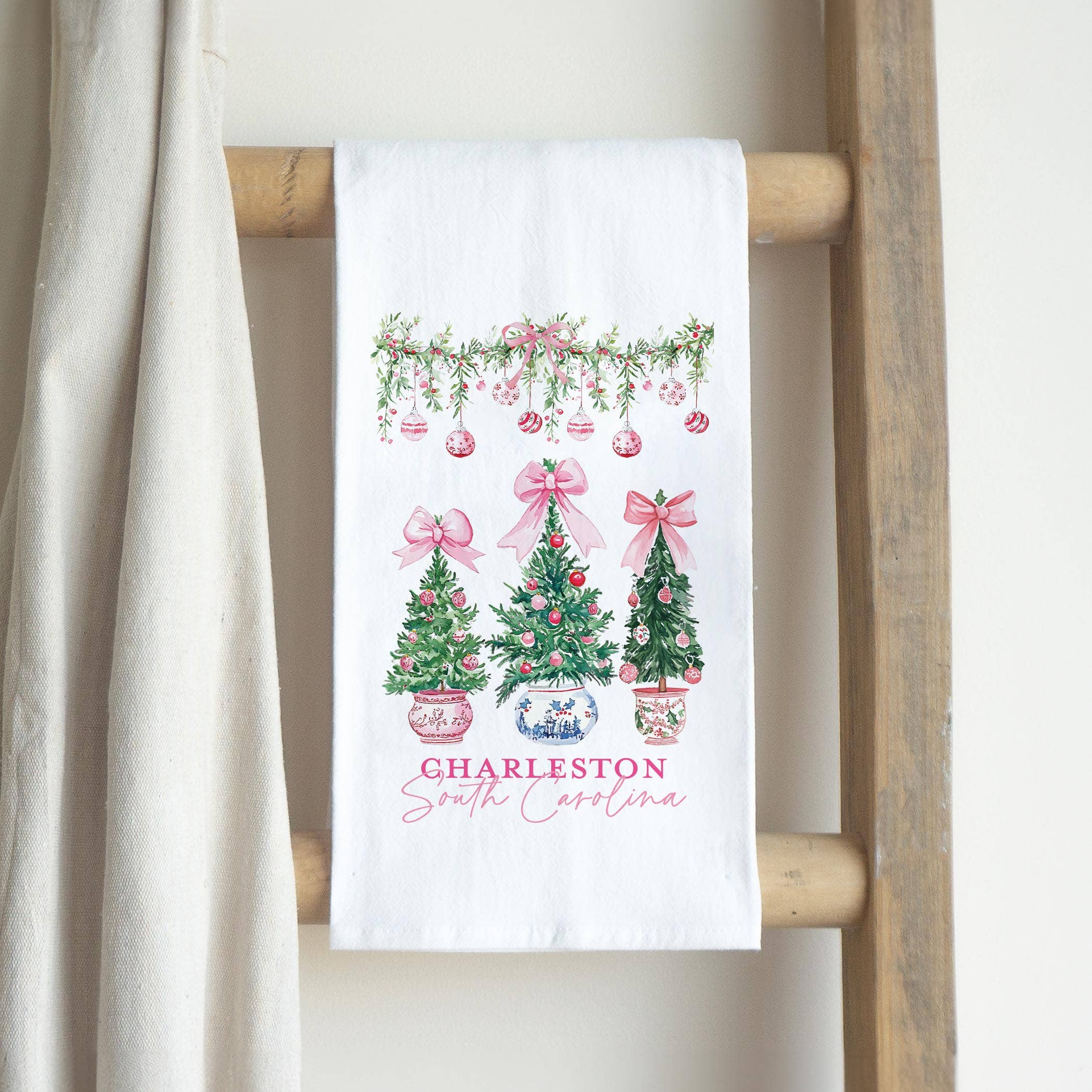 White Cotton Tea Towel-Blush & Baubles Christmas | Customizable for wholesale on Faire2