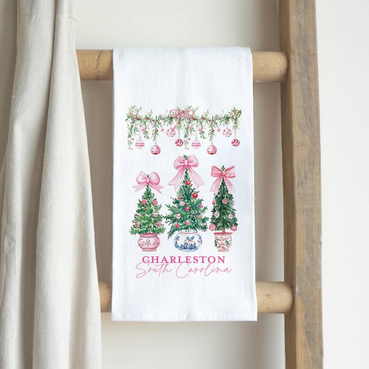 White Cotton Tea Towel-Blush & Baubles Christmas | Customizable for wholesale on Faire2