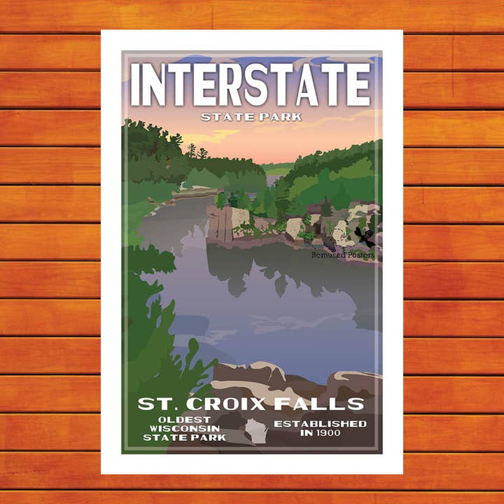 Interstate State Park Retro Travel Poster Prints for wholesale by Bemused Creative