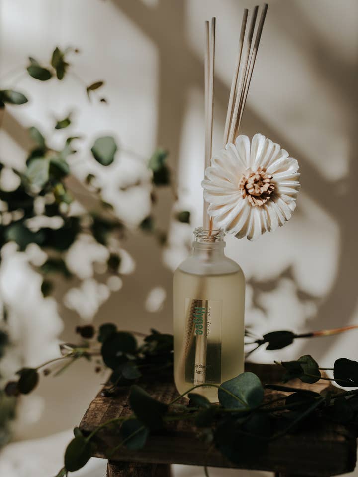 Hygee Cardamom + Amber Floral Reed Diffuser for wholesale by LIT LÀB CO.
