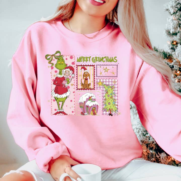 Merry Grinchmas Coquette Collage Graphic Sweatshirt for wholesale by Gia Gifts Boutique