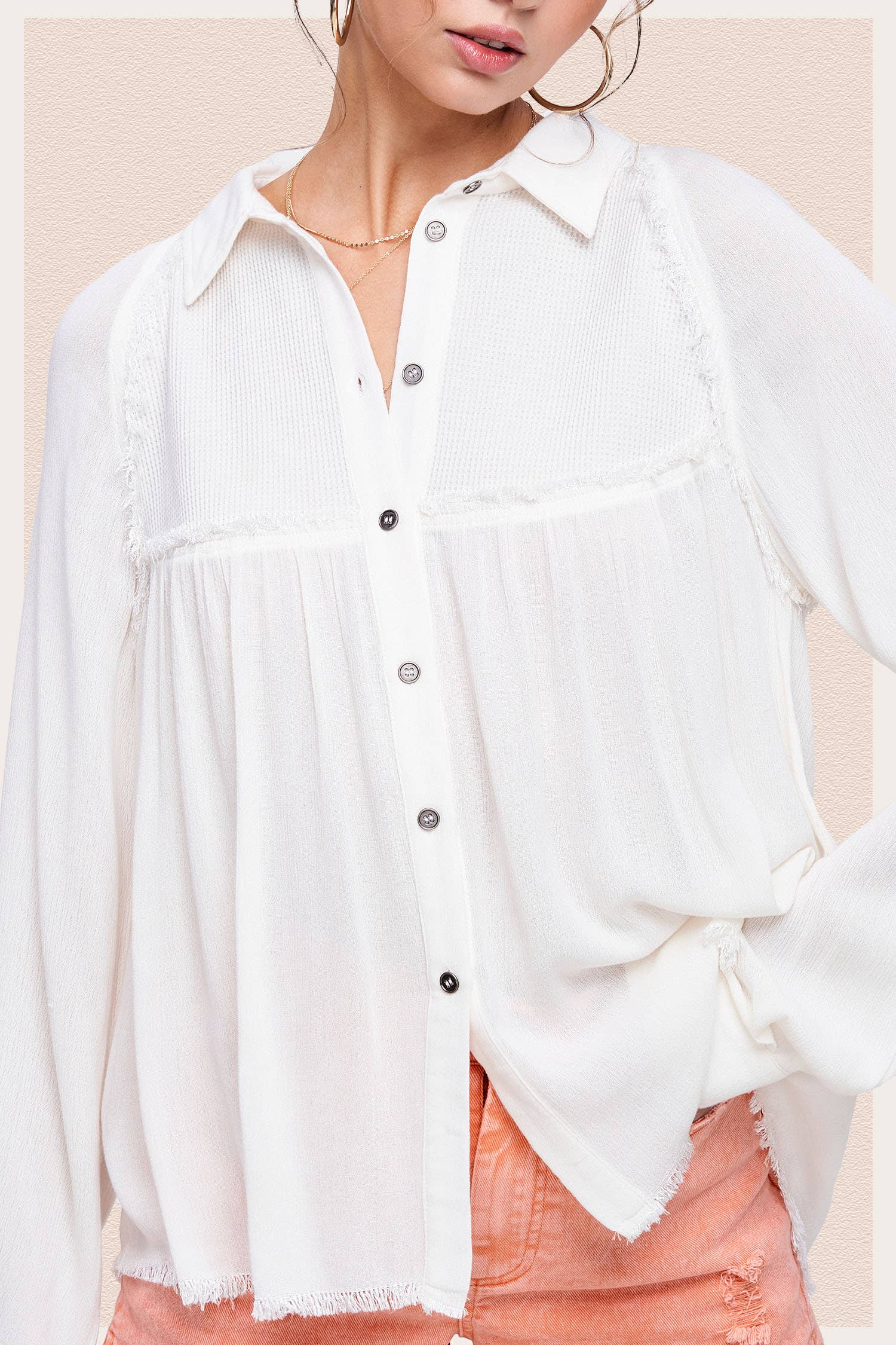 La Miel - Wholesale Button Down Shirt - Women's - SRT7802-Soft Washed Button Down Waffle Textured Gauze Shirts15