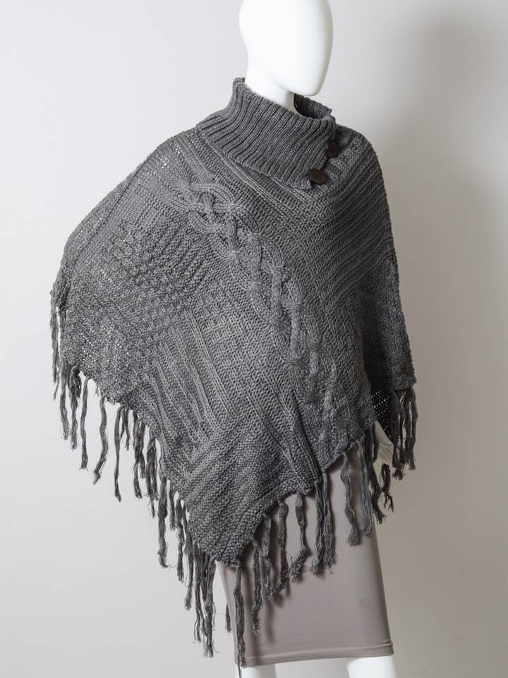 Leto Accessories - Wholesale Poncho - Women's - Turtleneck Cable Knit Poncho With Tassels